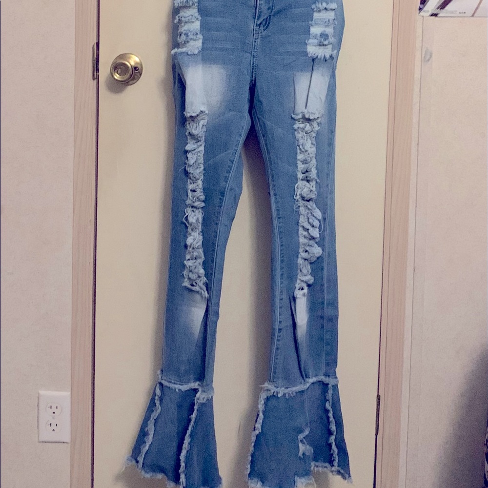 Pink flamingo distressed bell bottom denim